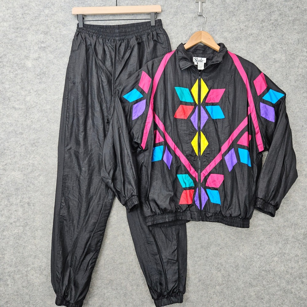 Slade Tracksuit Women's Large Black Geometric Vintage 90s Windbreaker Suit Set